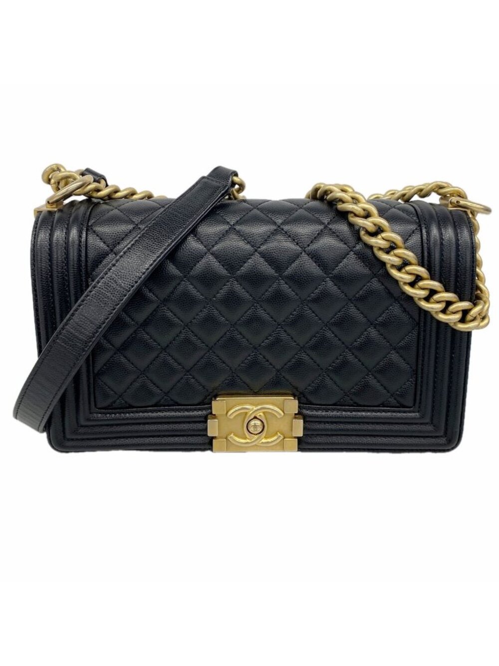 Chanel Shoulder Bag Boy Caviar Leather Black Champagne Gold
